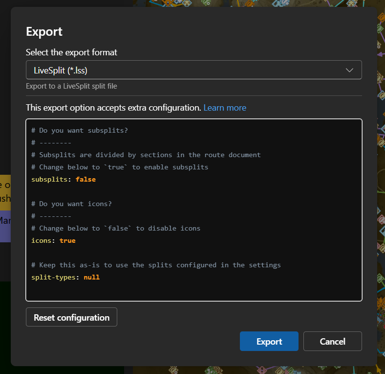 image of export dialog